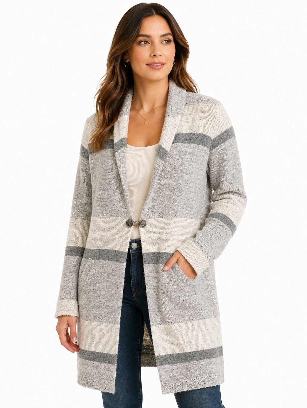 Zara Trafaluc Striped Knit Coat Cardigan Gray Ivory Single Hook Closure - Size S